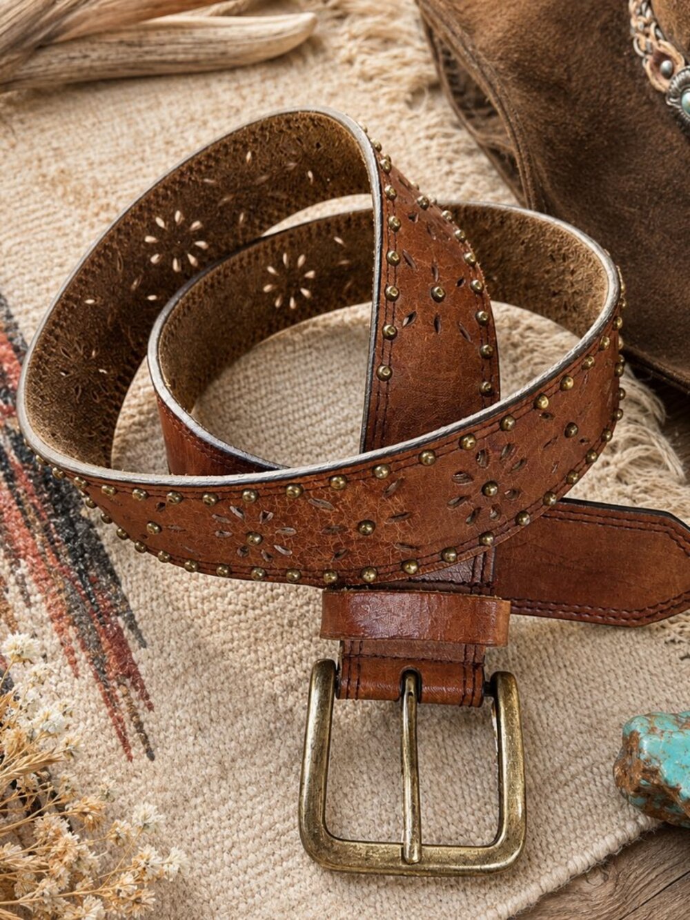 Boho Studded Leather Belt L Distressed Brown Floral Cutout Western Festival